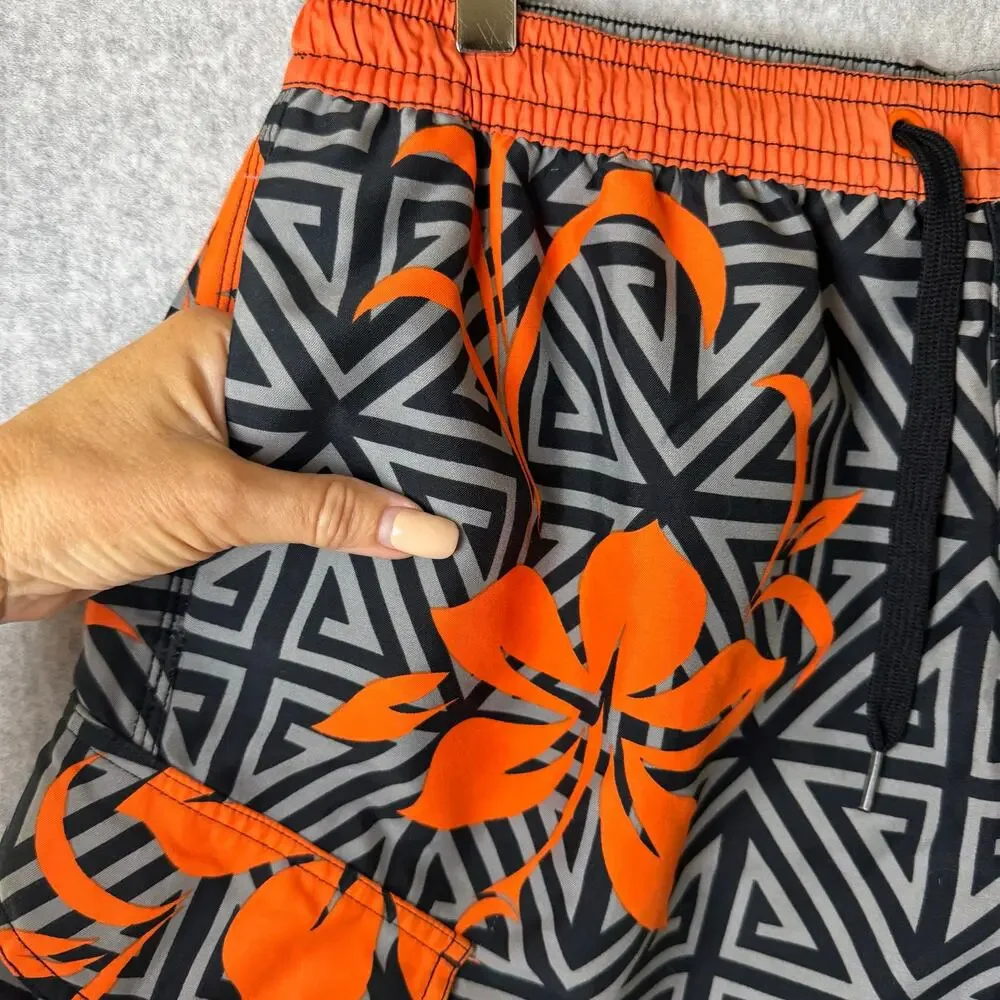 VTG Ocean Pacific men's swim trunks geometric floral pattern orange Retro Y2K